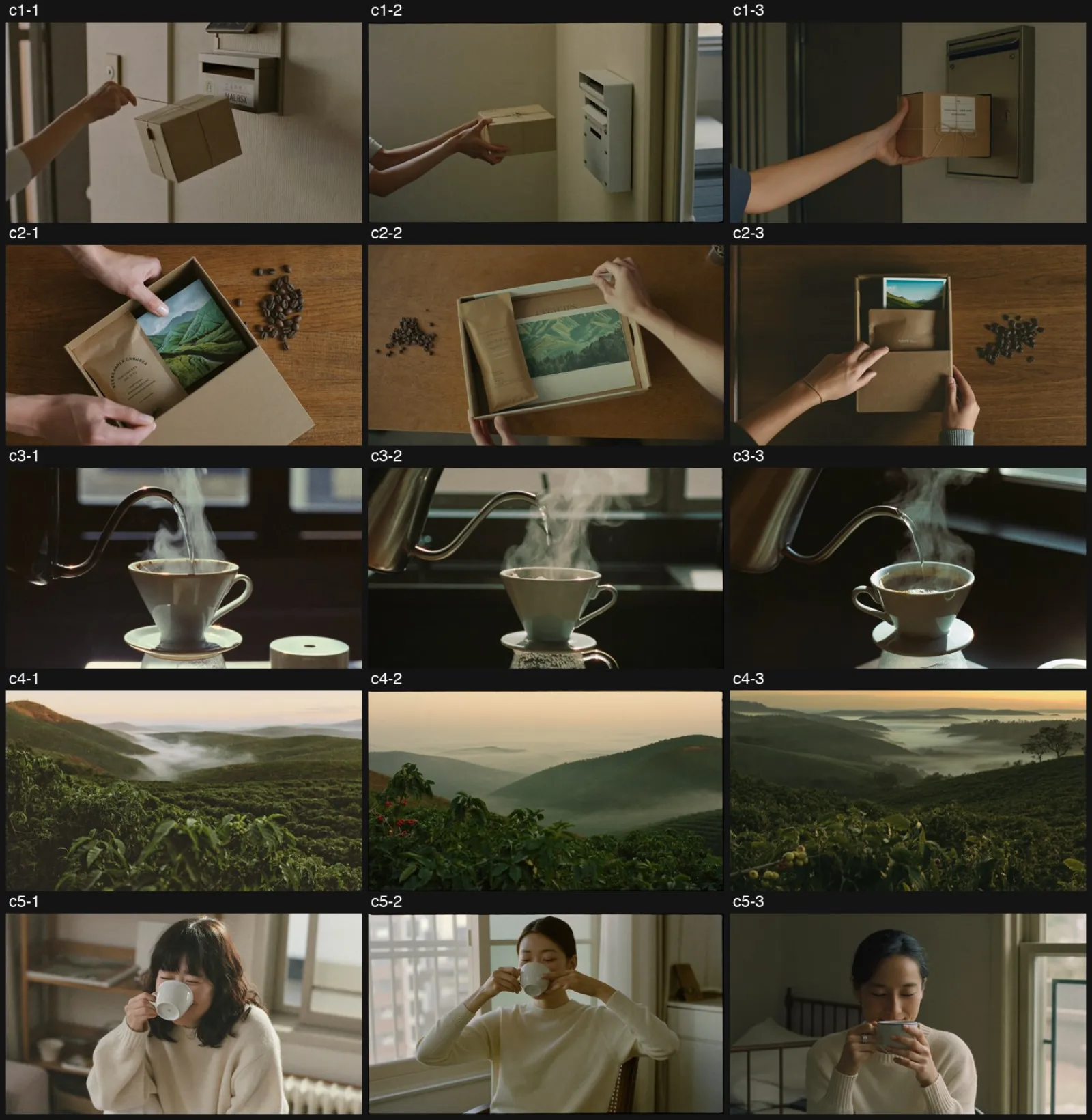 5つのカットの画像候補を3枚ずつ並べた一覧。郵便受け、箱を開ける手元、ハンドドリップ、高地の畑、窓辺でコーヒーを飲む女性