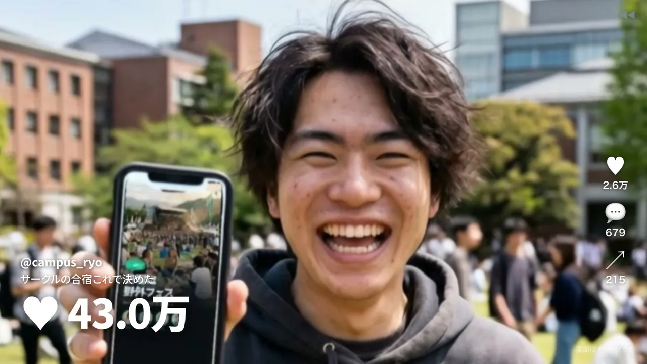 修正前の大学生。屋外で歯を見せて大笑いし、背景がきれいにボケている