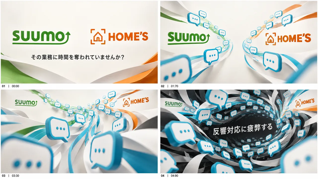 0〜5秒。SUUMO・HOME'Sから吹き出しがあふれる4コマ