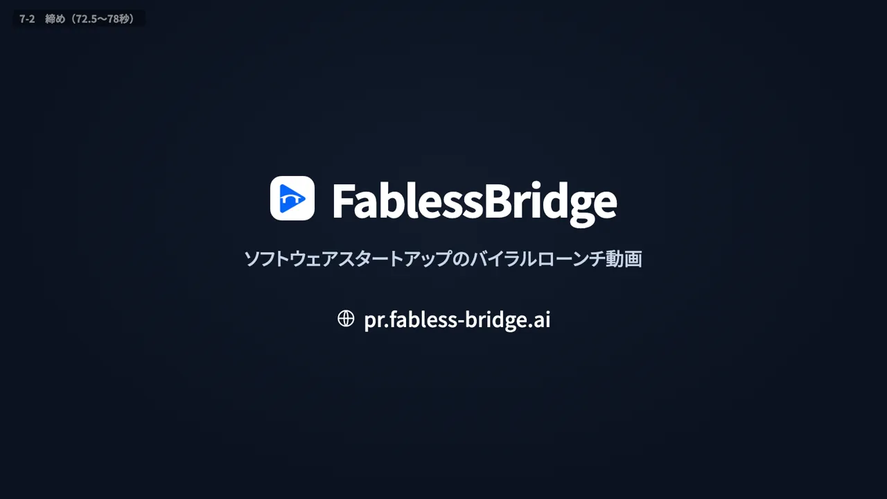 The closing scene. The FablessBridge logo, service name and URL