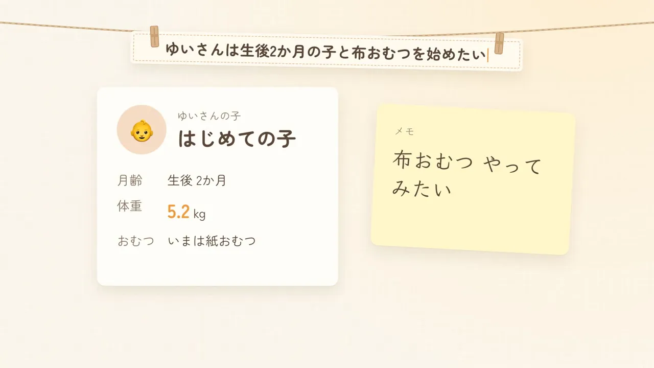 The person and situation. Yui's card (first child, 2 months old, 5.2 kg) and a handwritten note on a yellow sticky note