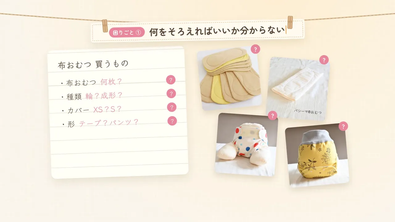 Worry 1. Question marks next to items on a shopping list, with product photos of cloth diapers and covers on the right