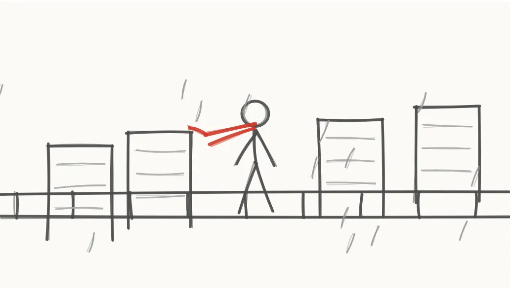 屋上の線画。団地の屋上に赤いマフラーの棒人間が立つ