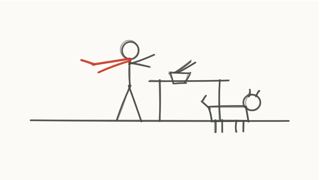 食卓の線画。ごはんを食べる棒人間と足元の犬