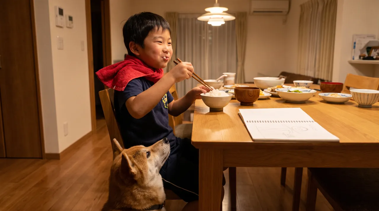同じ構図の実写風のコマ。夕飯の食卓でごはんを食べる子どもと見上げる柴犬