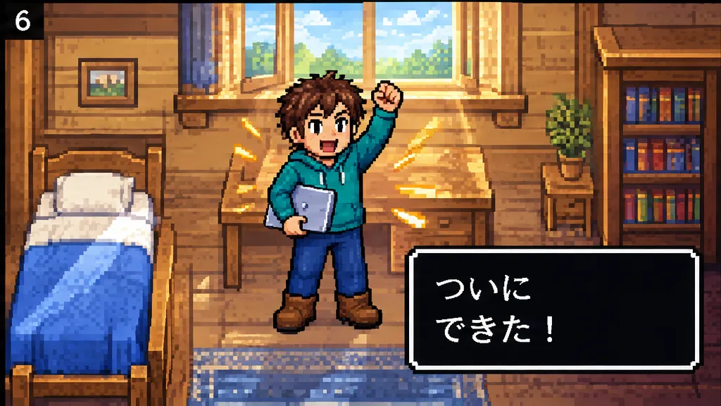 0–4 s. In an inn lit by the morning sun, the founder holds a PC and says "At last, it's done!"