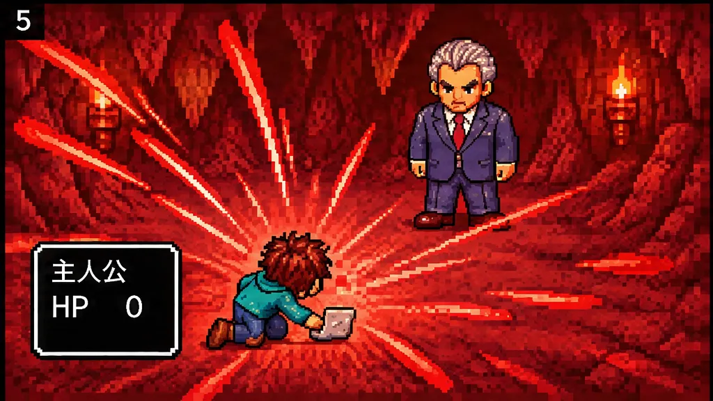 18–21 s. The screen turns red from the attacking questions and the hero's HP is 0