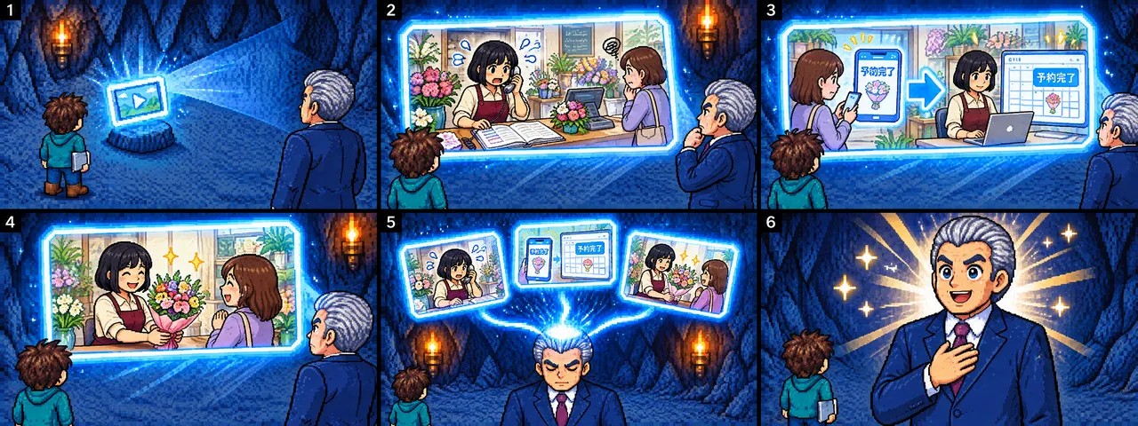 Storyboard for 36–43 s after the revision. In the projected footage, a flower shop owner is swamped by bookings, smartphone bookings sync automatically to "Booking complete", and the owner hands over a bouquet