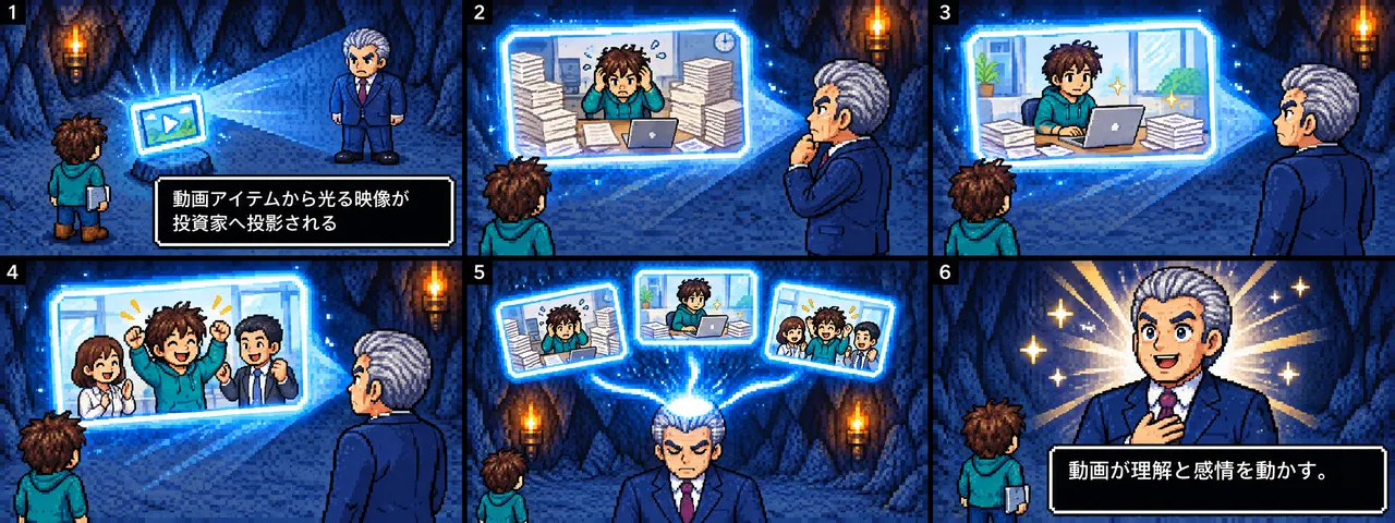 Storyboard for 36–43 s before the revision. In the projected footage, the founder struggles with piles of paperwork, clears them on a PC and celebrates