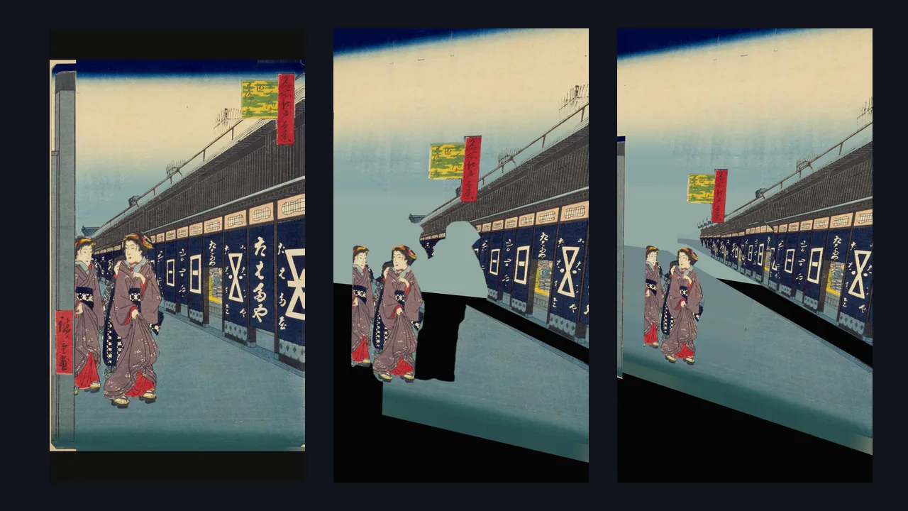 最終版の0秒・6秒・9秒。元の1枚の絵、層が離れて壁と地面に女性の形の穴が残る場面、穴が埋まった場面