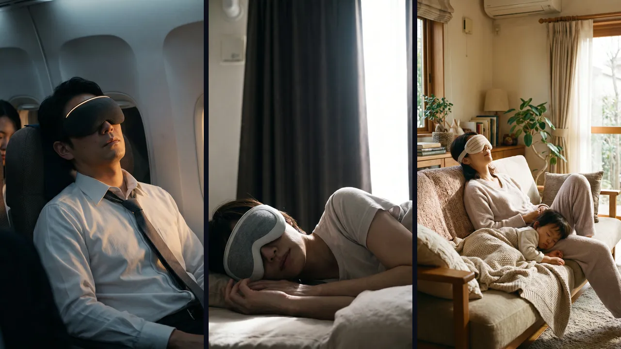 広告用に生成した使用場面の写真。機内で眠る会社員、昼の部屋で眠る看護師、子どもの横で休む親