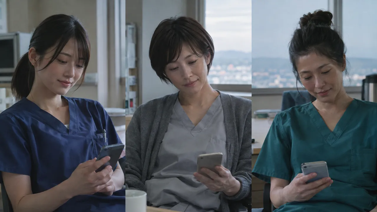 夜勤の看護師役の候補3人。採用したのは中央のショートヘアで灰色のスクラブにカーディガンの女性