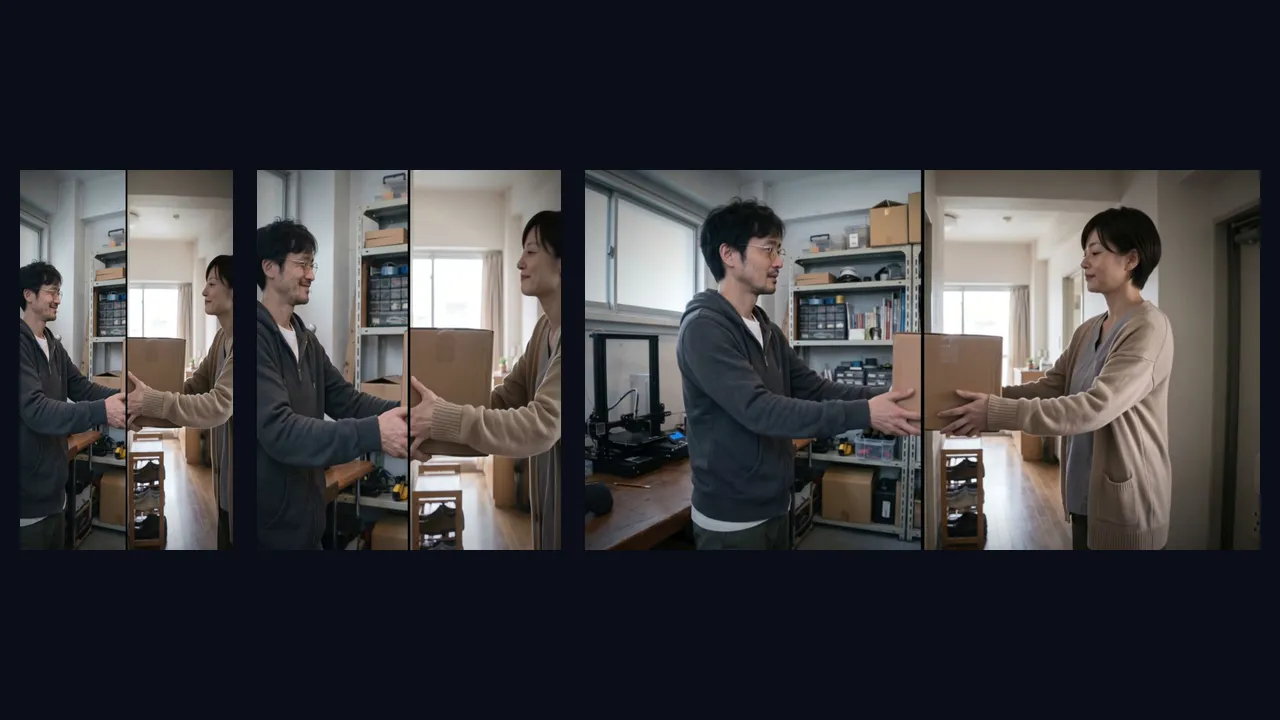 納品した縦9:16・フィード4:5・横16:9の3本で、箱を渡す同じ場面を並べた画像